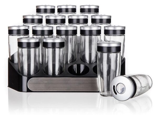 Set recipiente mirodenii ALTIMA cu suport negru, 17 piese