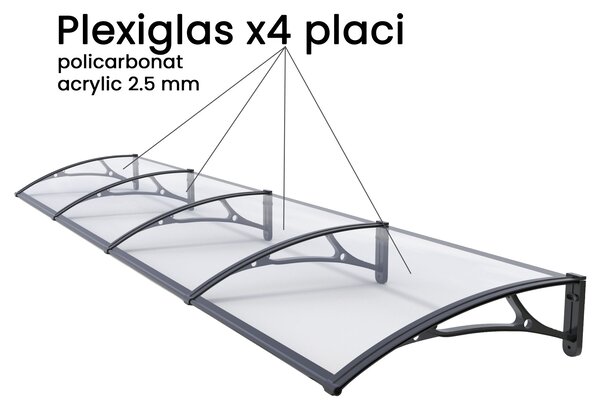 Copertină PRO 400x80 cm din aluminiu și plexiglas – Negru/Transparent
