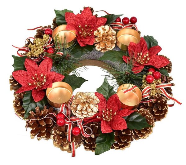 Coroniţă de Advent din conuri POINSETTIA cu fundiţe, 30 cm