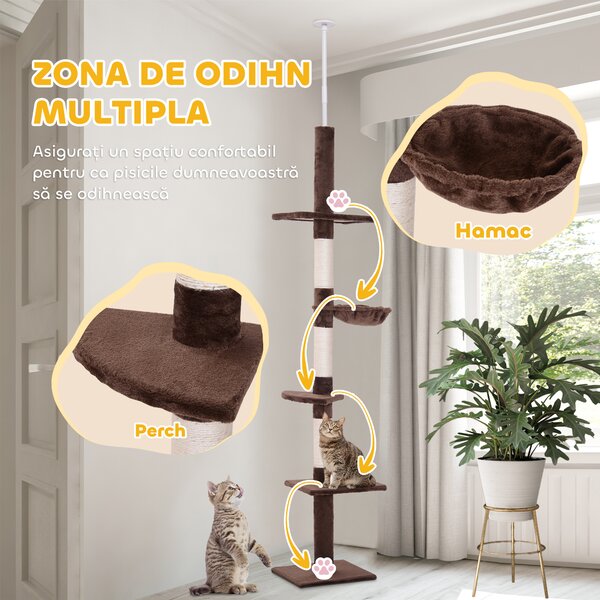 PawHut Copac Pisici Înalt de la Podea la Tavan cu Înălțime Reglabilă 8.5' Maro și Alb | Aosom Romania