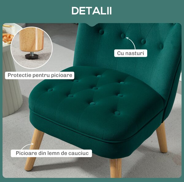 HOMCOM Fotoliu cu Șezut Căptușit, Picioare din Lemn și Material Efect de Catifea, 60x66x79 cm, Verde | Aosom Romania
