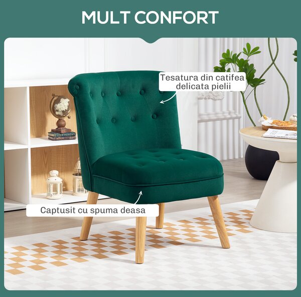HOMCOM Fotoliu cu Șezut Căptușit, Picioare din Lemn și Material Efect de Catifea, 60x66x79 cm, Verde | Aosom Romania