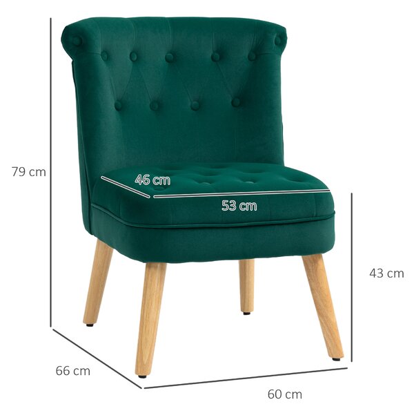 HOMCOM Fotoliu cu Șezut Căptușit, Picioare din Lemn și Material Efect de Catifea, 60x66x79 cm, Verde | Aosom Romania