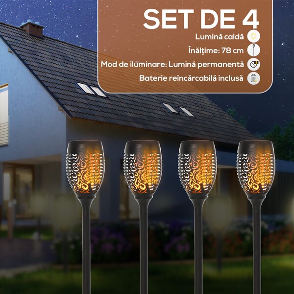 Outsunny Set 4 Lămpi LED de Exterior cu Energie Solară și Țăruși, Ø12x72 cm, Negru | Aosom Romania