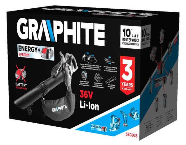 Aspirator de grădină Energy+ 36V Li-lon, 2în1, capacitate sac 35L, fără baterie 58G036 GRAPHITE