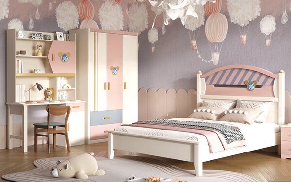 Set mobilier Minnie din lemn frasin pentru camera copii 4 piese: pat 120 200 cm, o noptiera, dulap 3 usi, birou -cod 2201