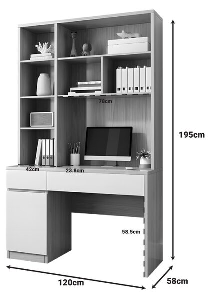 Birou cu biblioteca Pertin Pako World Alb 120x58x195 cm