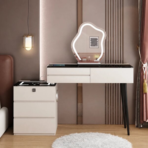 RESIGILAT- Set Hana, Masă de toaletă pentru machiaj, încărcare wireless, blocare amprentă, blat sticlă negru, iluminare LED 3 culori, ALB/NEGRU