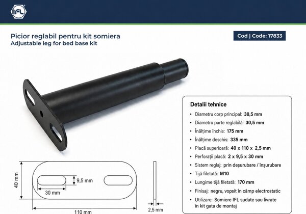 Picior metalic reglabil pentru somiera, Ø38,5 mm, H 175–335 mm, finisaj negru