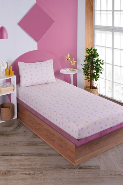 Cearsaf cu elastic si fete de perna Model Unicorn Dreams Beige