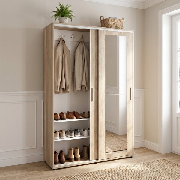 Cuier cu pantofar Adore Porto Maxi, 2 usi cu oglinda, 12 rafturi, capacitate 32 perechi incaltaminte, Alb - Natur, 120x187x40 cm