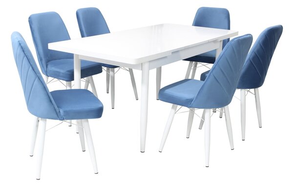 Set masă extensibilă Aris Alb cu 6 scaune Ludovic Albastru Deschis