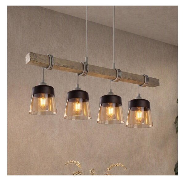 Brilagi - Lustră pe cablu WOOD GLASS 4xE27/60W/230V pin/gri/maro fumuriu