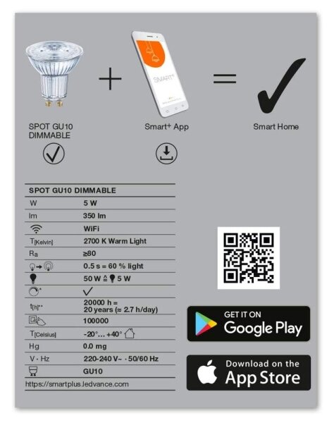 Bec de iluminare cu LED SMART + GU10/5W/230V 2.700K - Ledvance