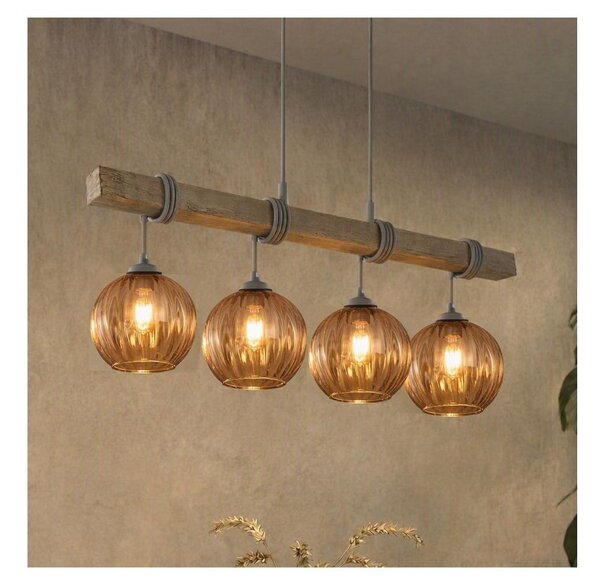 Brilagi - Lustră suspendată pe cablu WOOD GLASS 4xE27/60W/230V pin/gri/maro fumuriu