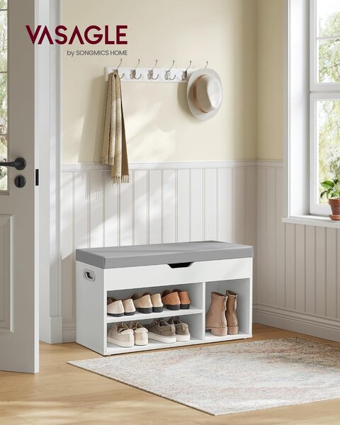 Pantofar bancuta hol cufar cu depozitare, Vasagle, Alb, 80x44x30 cm
