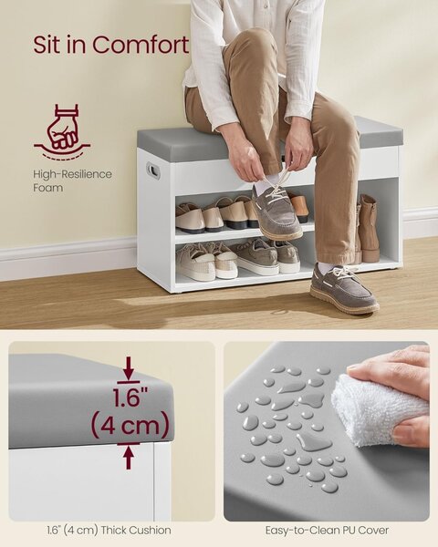 Pantofar bancuta hol cufar cu depozitare, Vasagle, Alb, 80x44x30 cm