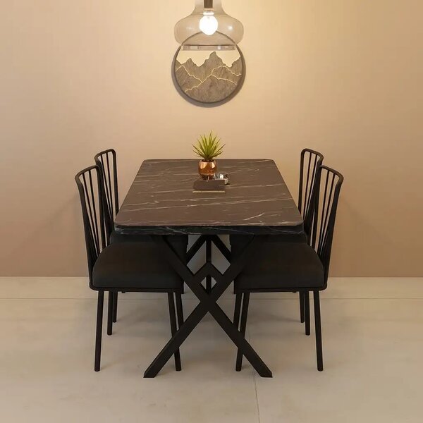 Set masa cu 4 scaune metal, Amsterdam Homs,negru marmurat/negru 70 x 110 cm