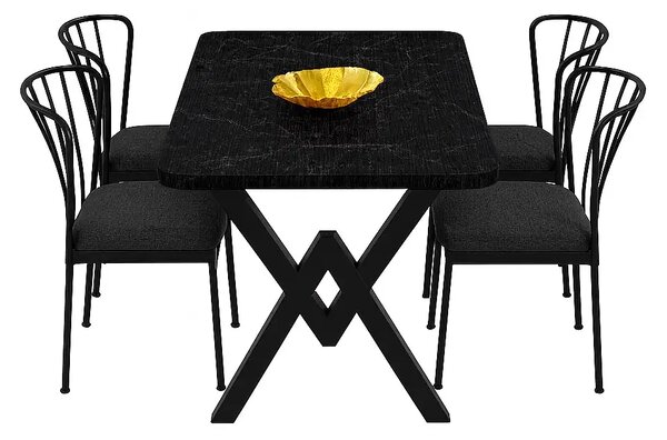 Set masa cu 4 scaune metal, Amsterdam Homs,negru marmurat/negru 70 x 110 cm