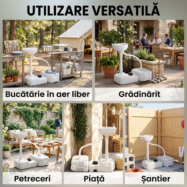 Chiuveta Portabila de Camping cu 2 roti, Rezervor de Apa de 17 litri, Rezervor de Sapun 83x50x103cm Outsunny | Aosom Romania