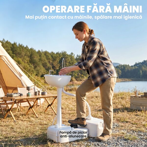 Chiuveta Portabila de Camping cu 2 roti, Rezervor de Apa de 17 litri, Rezervor de Sapun 83x50x103cm Outsunny | Aosom Romania