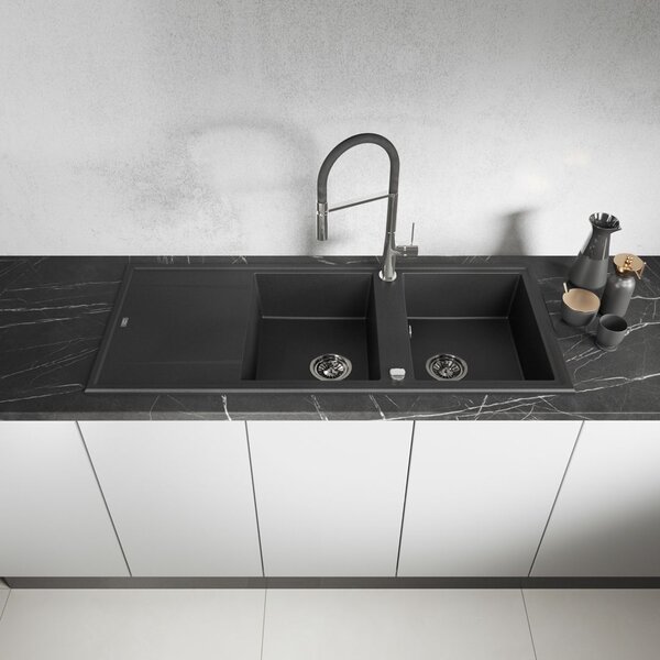 Laveo Megalo, chiuvetă din granit cu 2 camere 1160x500x185 mm cu scurgere lungă, negru, LAV-SBE_721T