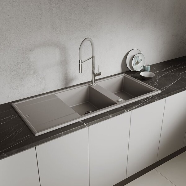 Laveo Megalo, chiuvetă din granit cu 2 camere 1160x500x185 mm cu scurgere lungă, gri, LAV-SBE_521T