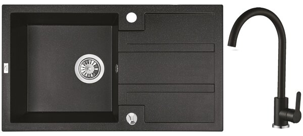 Laveo Barbados, chiuvetă granit cu 1 cameră 760x440x194 mm + robinet pentru chiuvetă Granit 8, pete negre, LAV-SBBA711T