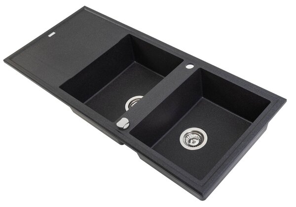 Laveo Megalo, chiuvetă din granit cu 2 camere 1160x500x185 mm cu scurgere lungă, negru, LAV-SBE_721T