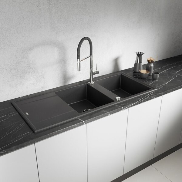 Laveo Megalo, chiuvetă din granit cu 2 camere 1160x500x185 mm cu scurgere lungă, negru, LAV-SBE_721T