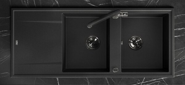 Laveo Megalo, chiuvetă din granit cu 2 camere 1160x500x185 mm cu scurgere lungă, negru, LAV-SBE_721T
