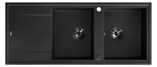 Laveo Megalo, chiuvetă din granit cu 2 camere 1160x500x185 mm cu scurgere lungă, negru, LAV-SBE_721T