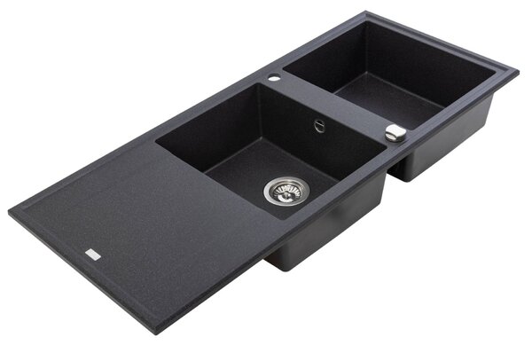 Laveo Megalo, chiuvetă din granit cu 2 camere 1160x500x185 mm cu scurgere lungă, negru, LAV-SBE_721T