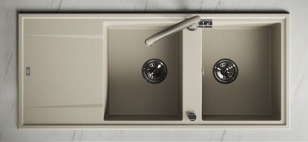 Laveo Megalo, chiuvetă din granit cu 2 camere 1160x500x185 mm cu scurgere lungă, bej, LAV-SBE_421T