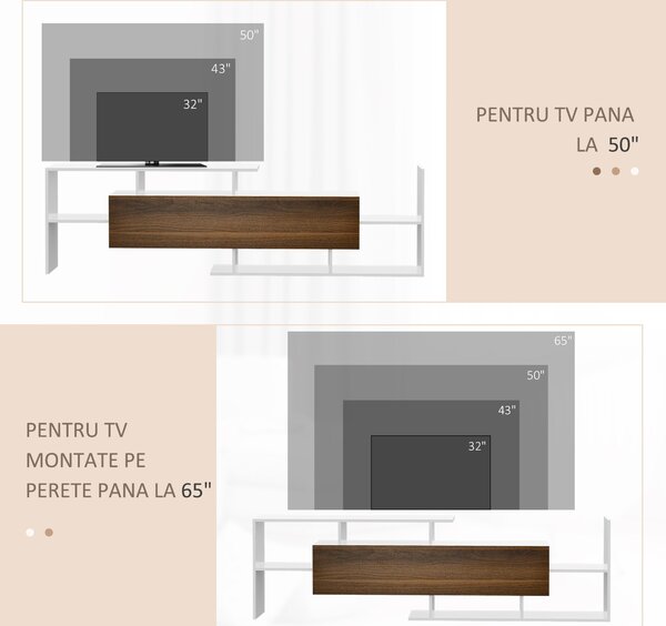 HOMCOM Dulap TV cu Poliță de Perete, Rafturi Deschise și Dulap Închis pentru Sufragerie și Dormitor, 153,6x25x42 cm, Alb | Aosom Romania