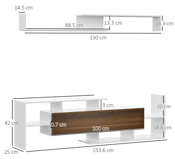 HOMCOM Dulap TV cu Poliță de Perete, Rafturi Deschise și Dulap Închis pentru Sufragerie și Dormitor, 153,6x25x42 cm, Alb | Aosom Romania