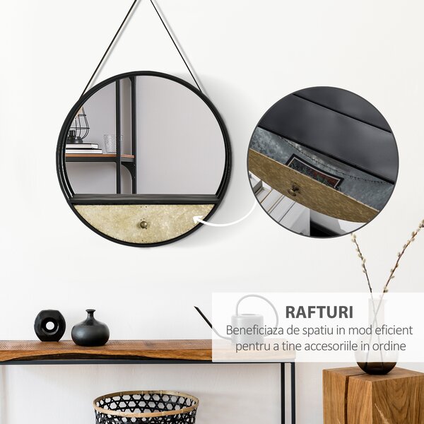 HOMCOM Oglindă Decorativă Rotundă cu Sertar, Cadru Metal și MDF, Ø61cm, Negru, pentru Living și Dormitor | Aosom Romania
