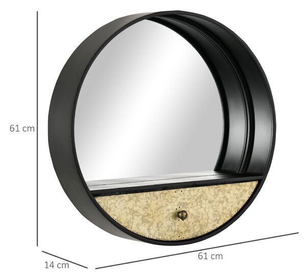 HOMCOM Oglindă Decorativă Rotundă cu Sertar, Cadru Metal și MDF, Ø61cm, Negru, pentru Living și Dormitor | Aosom Romania