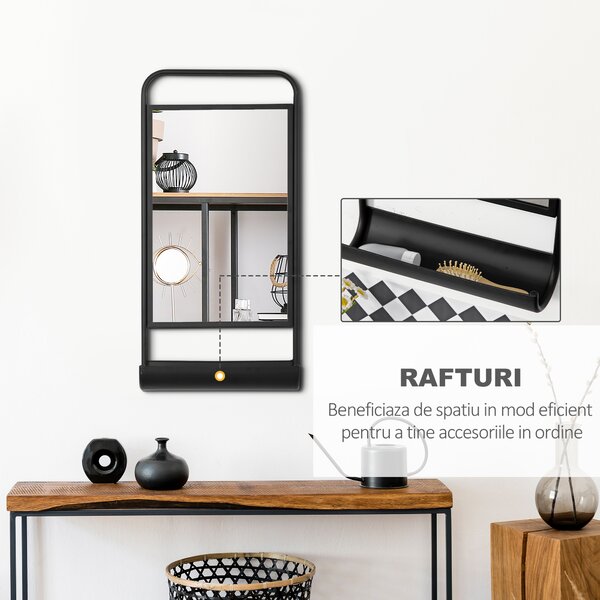 HOMCOM Oglindă de Perete cu Raft, Cadru Metalic, pentru Baie/Dormitor, 36.2x12x71.7cm, Negru | Aosom Romania