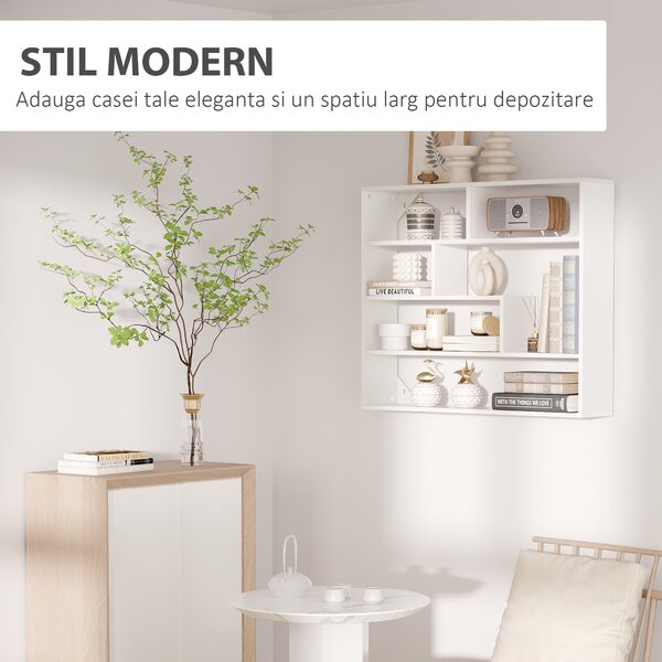 Biblioteca moderna de perete HOMCOM cu 4 niveluri , raft din lemn care economiseste spatiu pentru living si birou, 94x19,5x80cm, alb | Aosom Romania
