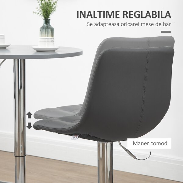 HOMCOM Set de 2 Scaune de Bar cu Spătar, Pivotante la 360° cu Suport pentru Picioare 42x45x89-110 cm, Gri | Aosom Romania
