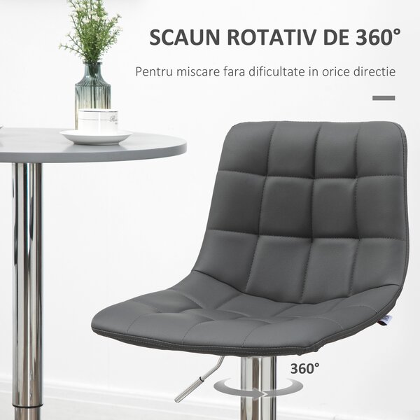 HOMCOM Set de 2 Scaune de Bar cu Spătar, Pivotante la 360° cu Suport pentru Picioare 42x45x89-110 cm, Gri | Aosom Romania
