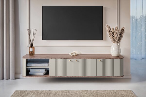 Comodă TV suspendată Vesper 187 cm cu trei uși - casmir / nuc / mânere aurii
