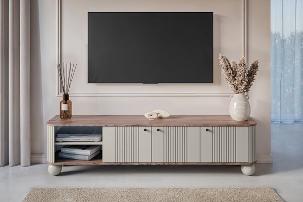 Comodă TV Vesper 187 cm cu trei uși - kaszmir / nuc / mânere negre / picioare sferice