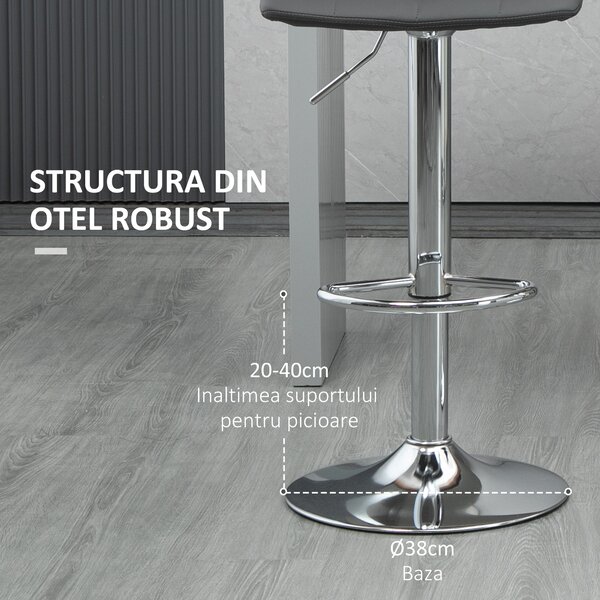 HOMCOM Set de 2 Scaune de Bar cu Spătar, Pivotante la 360° cu Suport pentru Picioare 42x45x89-110 cm, Gri | Aosom Romania