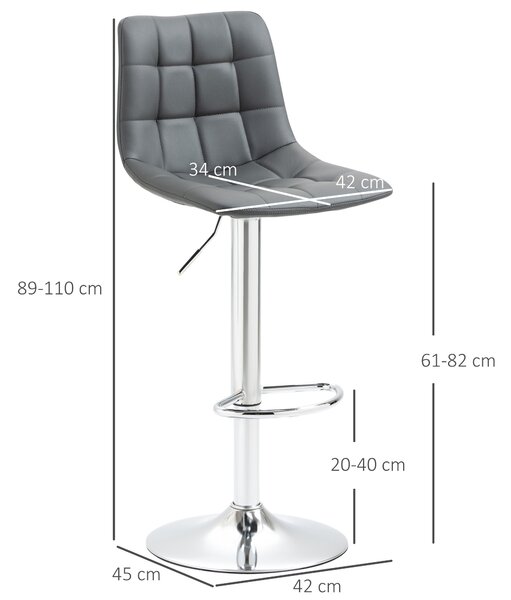 HOMCOM Set de 2 Scaune de Bar cu Spătar, Pivotante la 360° cu Suport pentru Picioare 42x45x89-110 cm, Gri | Aosom Romania