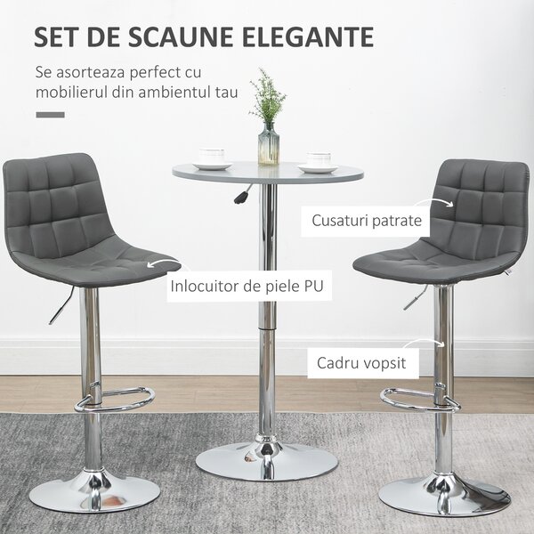 HOMCOM Set de 2 Scaune de Bar cu Spătar, Pivotante la 360° cu Suport pentru Picioare 42x45x89-110 cm, Gri | Aosom Romania