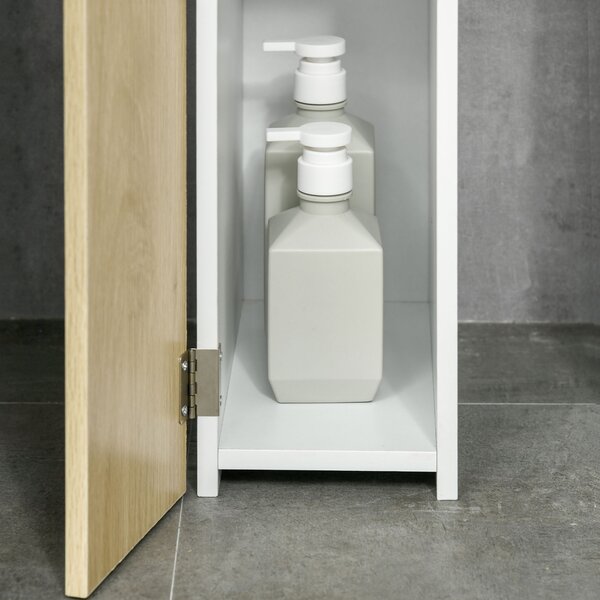 Kleankin Coloană Baie, 2 Rafturi, 2 Dulapuri, Economie Spațiu, MDF, Design Modern, 15.2x29.8x118cm, Alb/Lemn | Aosom Romania