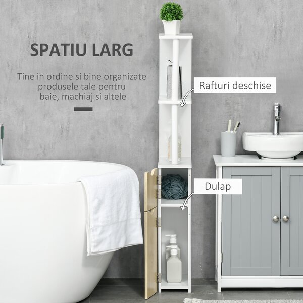 Kleankin Coloană Baie, 2 Rafturi, 2 Dulapuri, Economie Spațiu, MDF, Design Modern, 15.2x29.8x118cm, Alb/Lemn | Aosom Romania