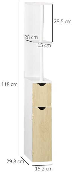 Kleankin Coloană Baie, 2 Rafturi, 2 Dulapuri, Economie Spațiu, MDF, Design Modern, 15.2x29.8x118cm, Alb/Lemn | Aosom Romania